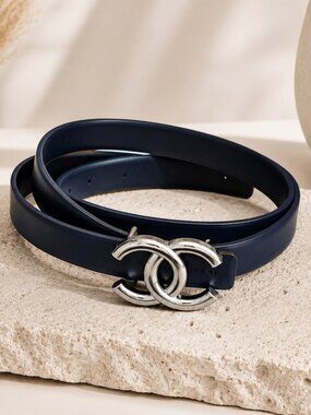 Navy Blue Designer Style Double C Belt Silver Buckle Waist Belt Size 44/110